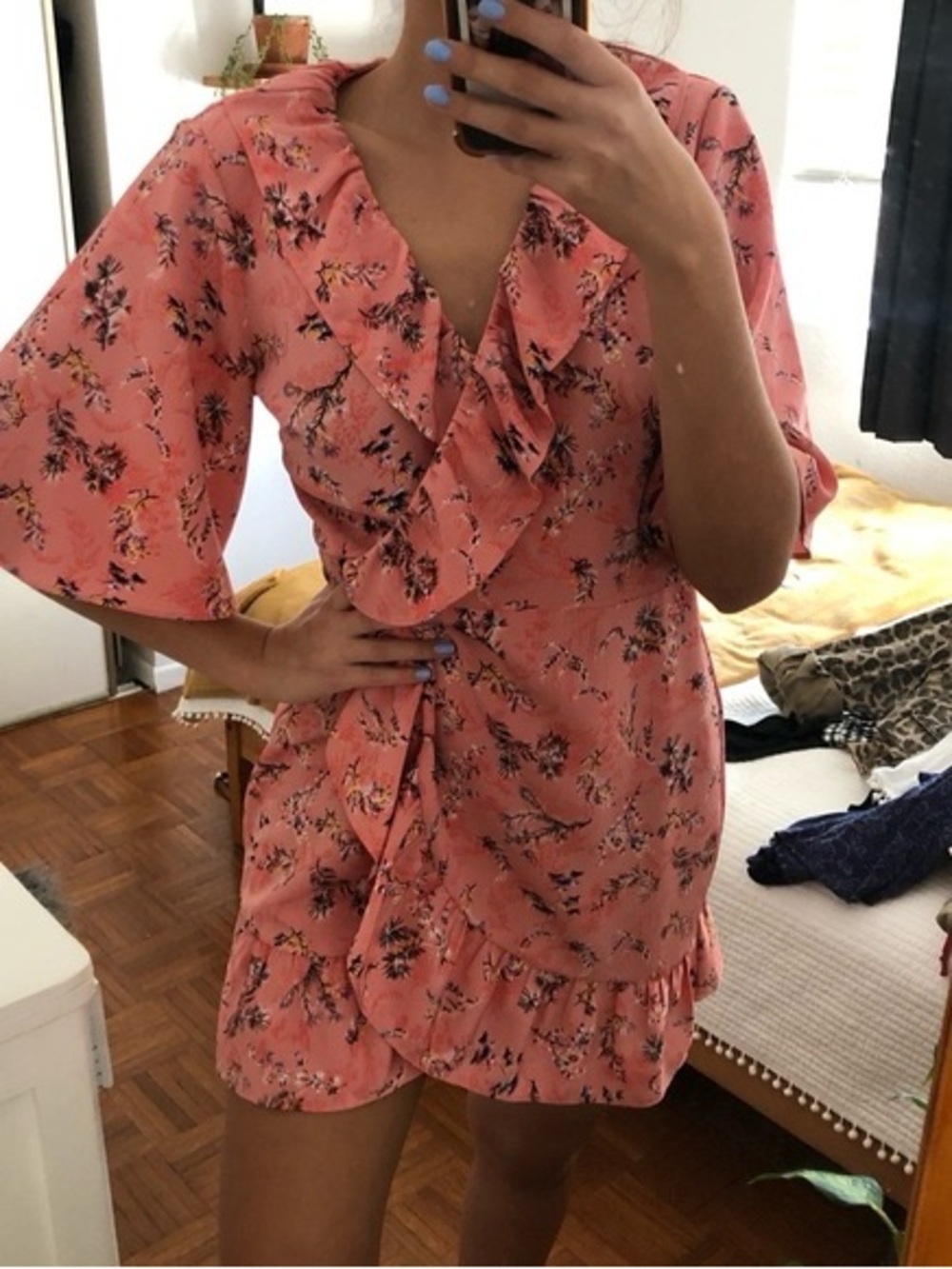 Topshop Floral Wrap Ruffle Mini Dress in Pink